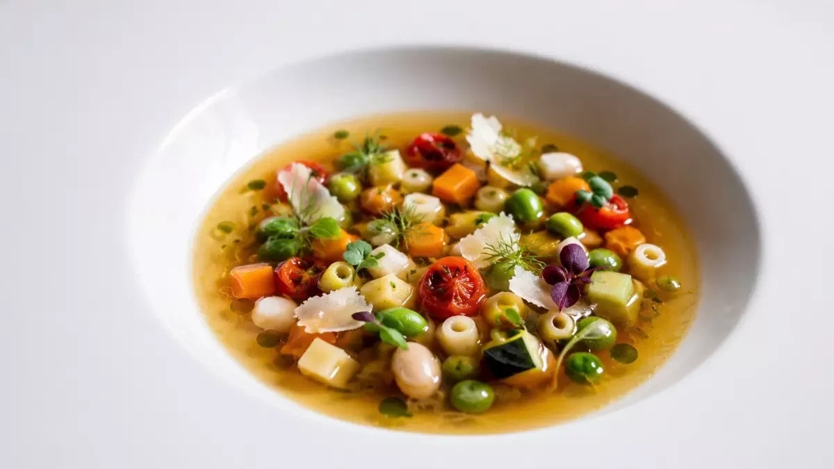 Minestrone mit Gemüsewürfeln, weißen Bohnen, Ditalini-Pasta, Parmigiano Reggiano und Basilikumöl
