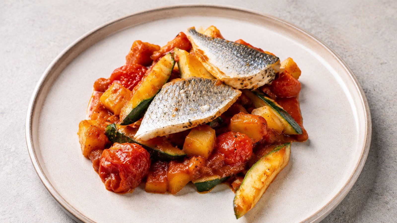 Doradenfilet auf geschmortem Kartoffel-Tomaten-Gemüse
