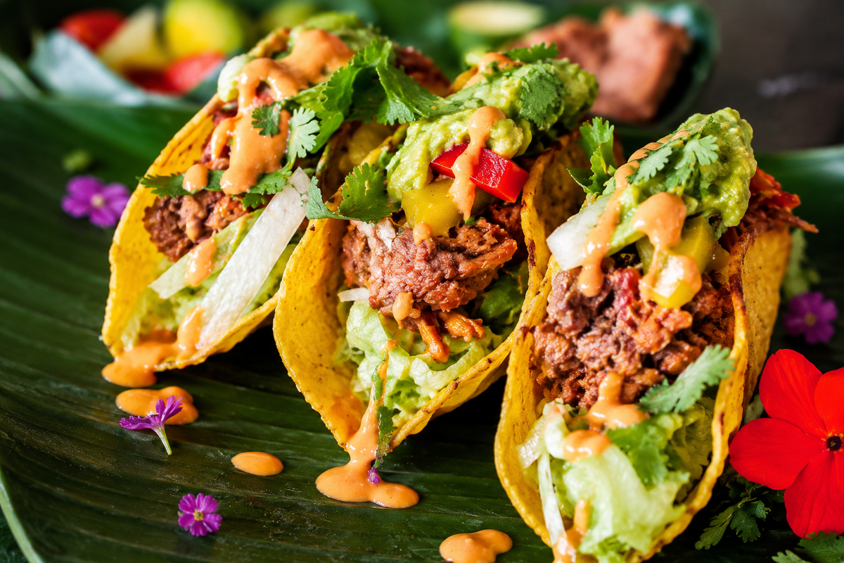 Smoky Jackfruit Tacos with Guacamole & Sriracha Mayo