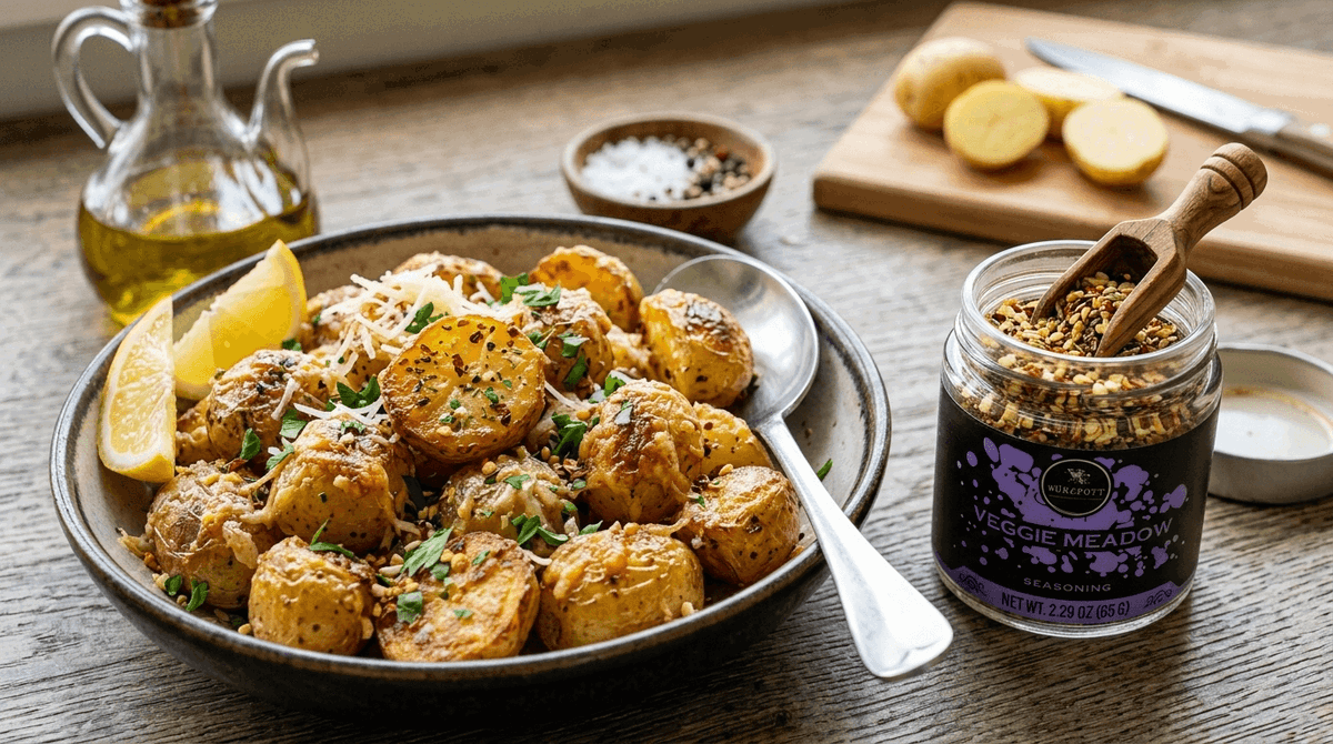Crispy Parmesan Roasted Potatoes with Veggie Meadow