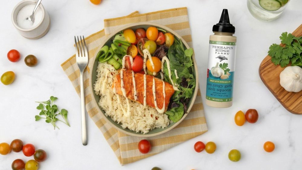 Image of Salmon Bowl with Avo Zingy Garlic Aioli Garnishing Squeeze