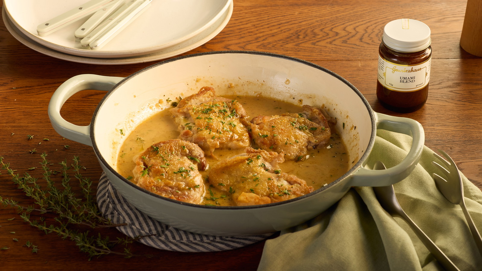 Image of Seared Chicken Thighs with Umami Pan Sauce