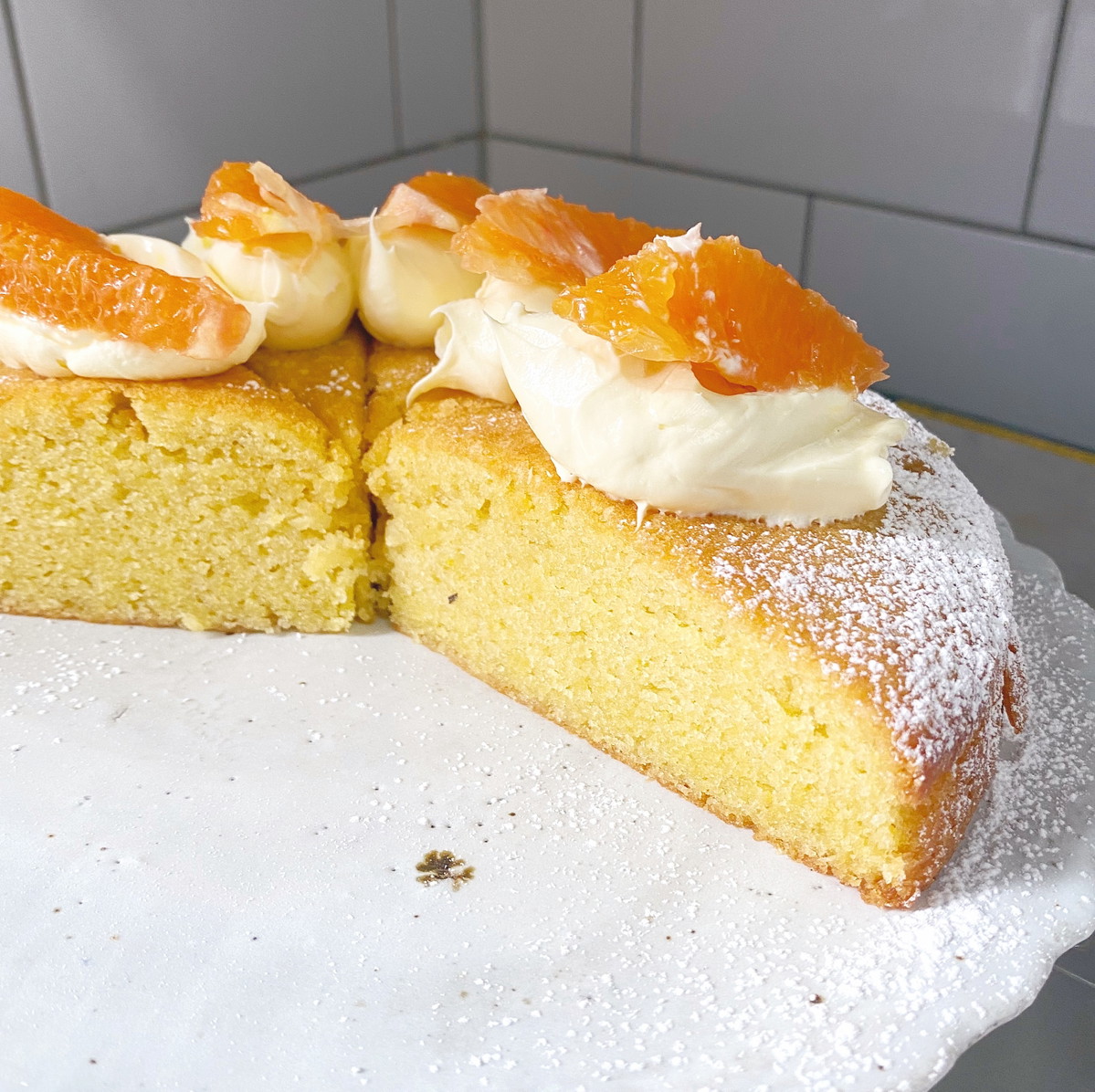 Olive Oil, Almond & Buckwheat Cake with Cara Cara orange and creme fraiche 