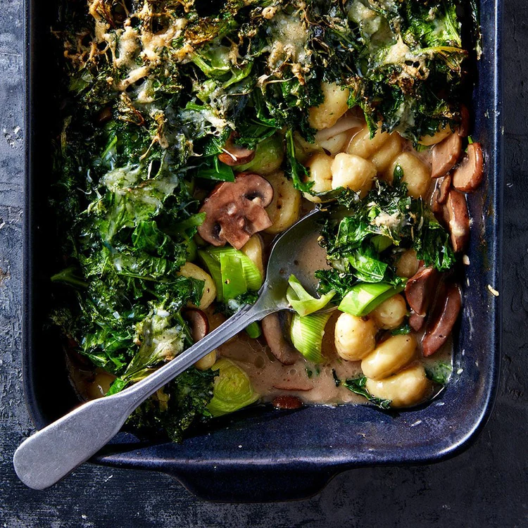 Roasted Gnocchi & Mushroom Soup Bake with Crispy Kale