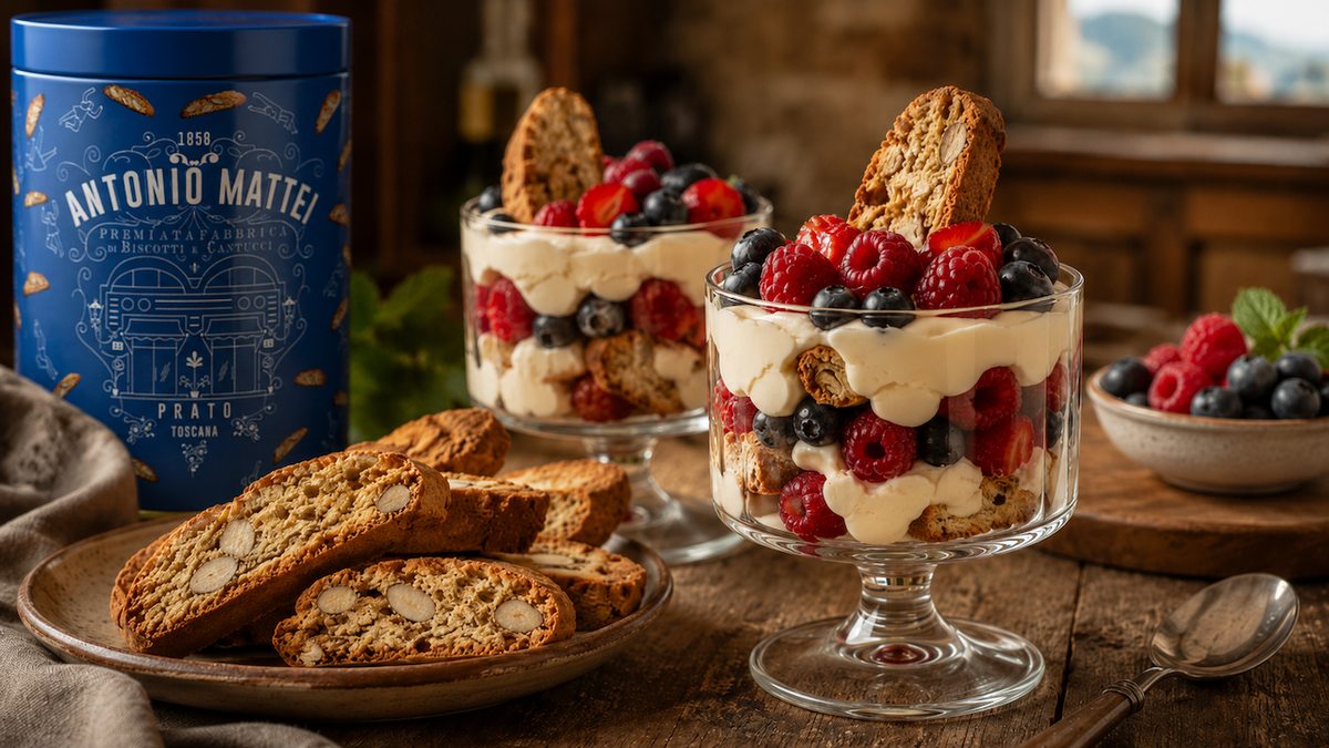 Cantucci, mascarpone ja marjat laseissa