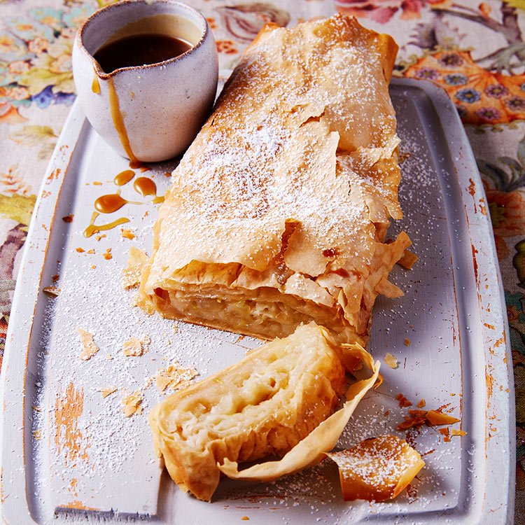 Apple Strudel with Maple Syrup Fudge Sauce