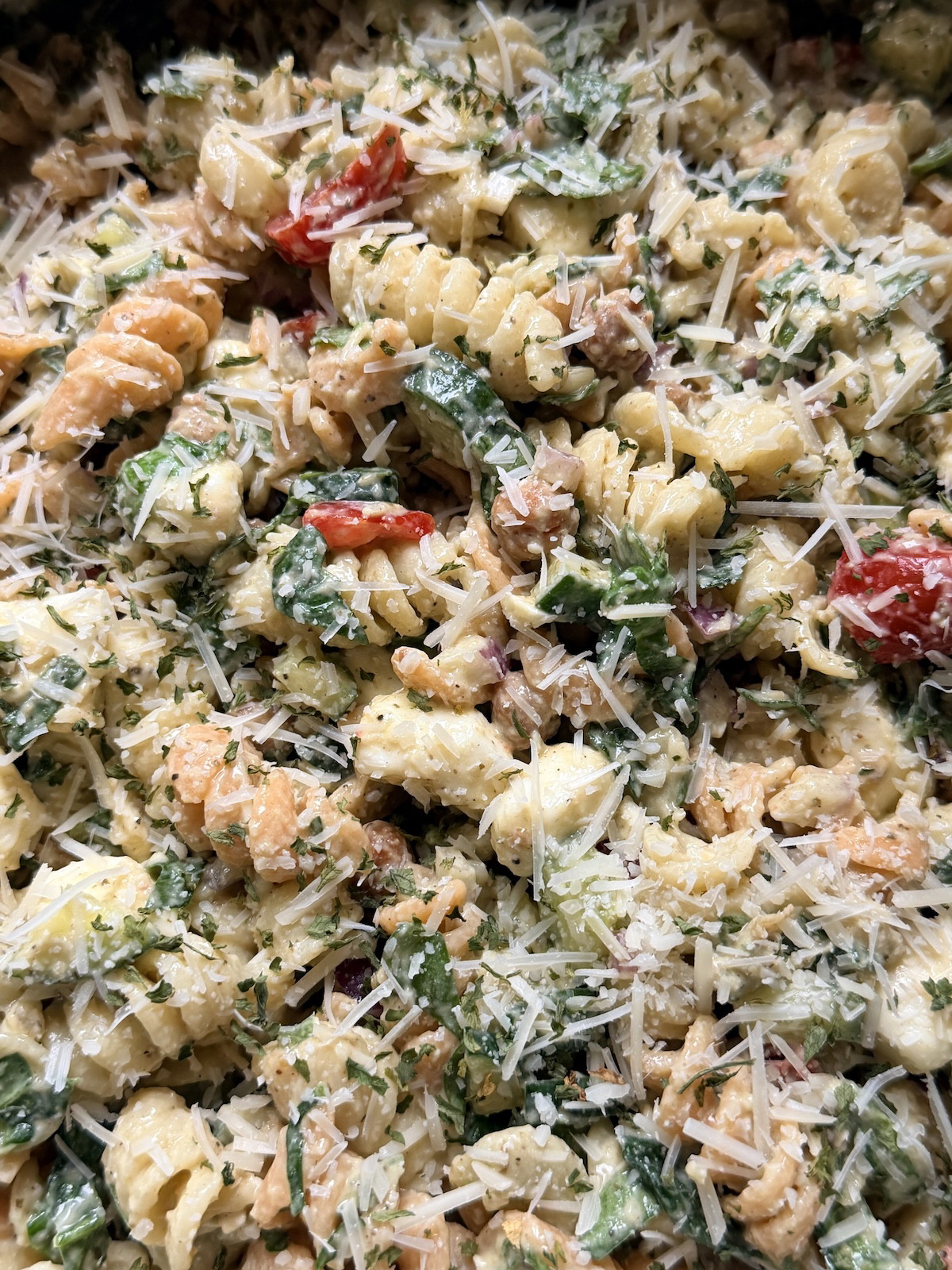 Creamy Avocado Pesto Pasta Salad with Crispy Chickpeas