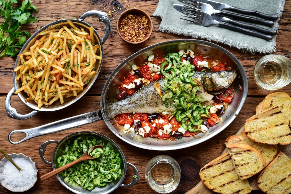 Greek-Style Whole Roasted Branzino with Tomatoes & Feta