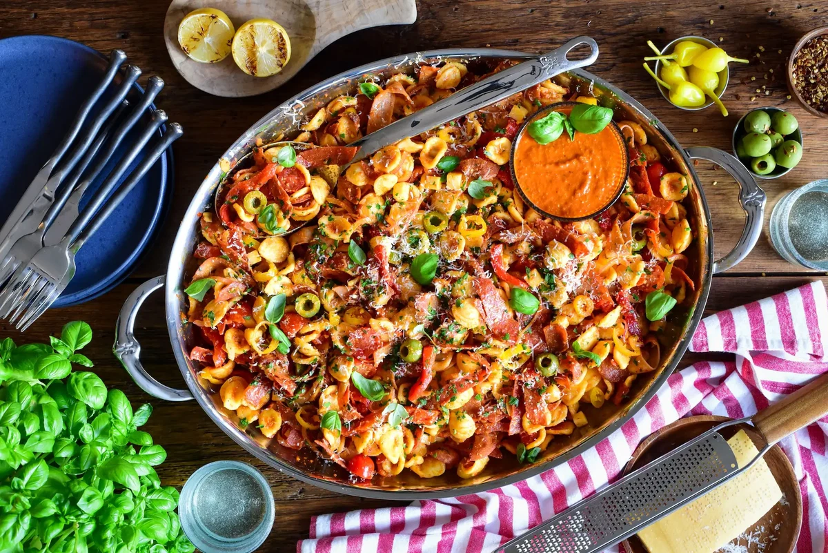 Spicy Chopped Italian Romesco Pasta Salad
