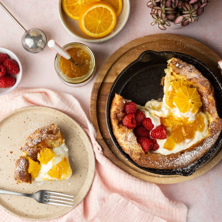 Image of Slice the pancake and serve; a Dutch baby pancake is...