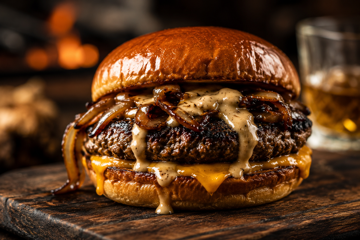 Wagyu Beef Tallow Burgers with Whiskey Sauce