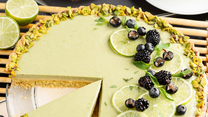 Image of Vegan No-Bake Lime & Pistachio Millet Cheesecake