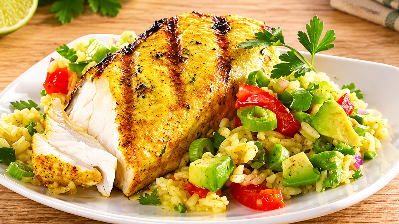 Grilled Curry Halibut with Curry Rice Salad recipe
