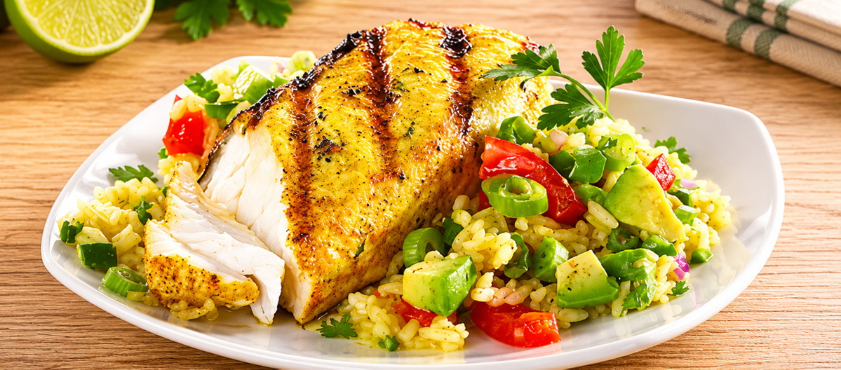 Grilled Curry Halibut with Curry Rice Salad