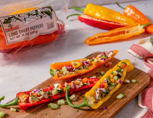 Image of Long Sweet Pepper Boats with Chopped Pepper Salad, Feta and Herbs