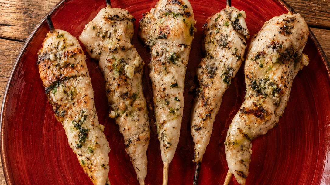 Garlic Dill Parmesan Chicken Tender Skewers
