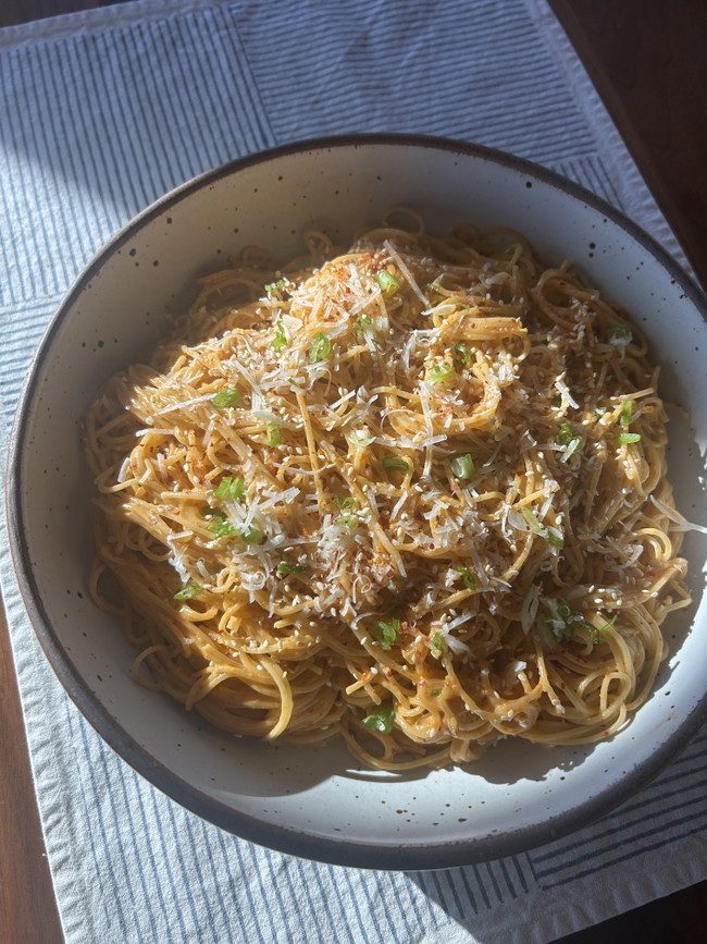 Bowl of Korean Carbonara noodles