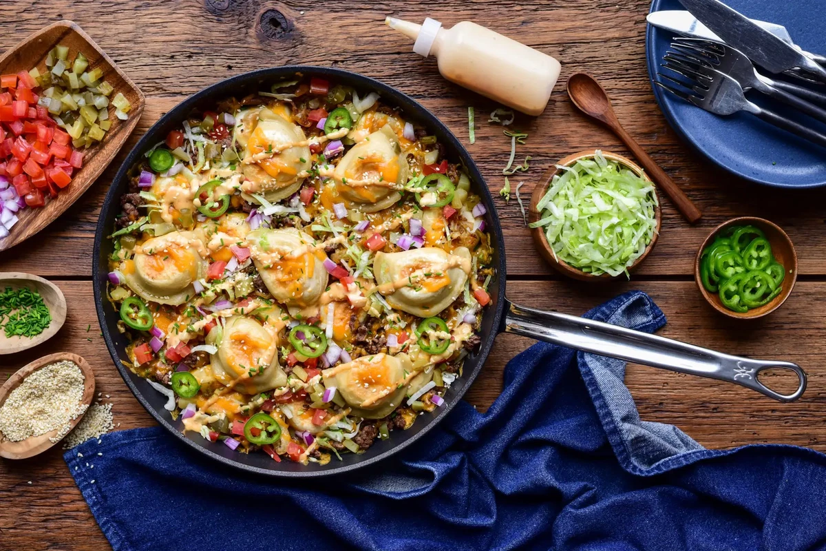 Crispy Cheeseburger Pierogi Skillet