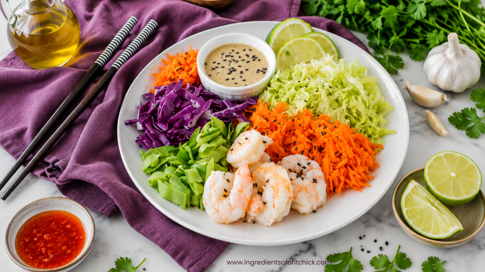 Image of Rainbow Veggie Shrimp Bowl with Almond Butter Dressing