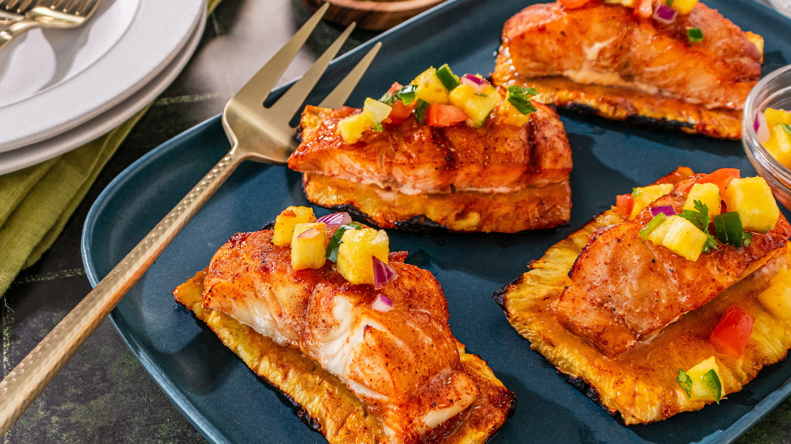 Image of Grilled Red Snapper on Pineapple Planks with Spicy Salsa
