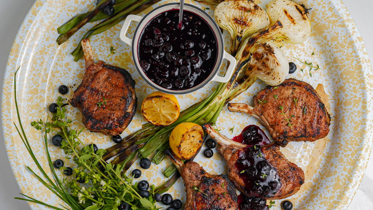 Grilled Kurobuta Pork Chops with Lemon-Blueberry Sauce