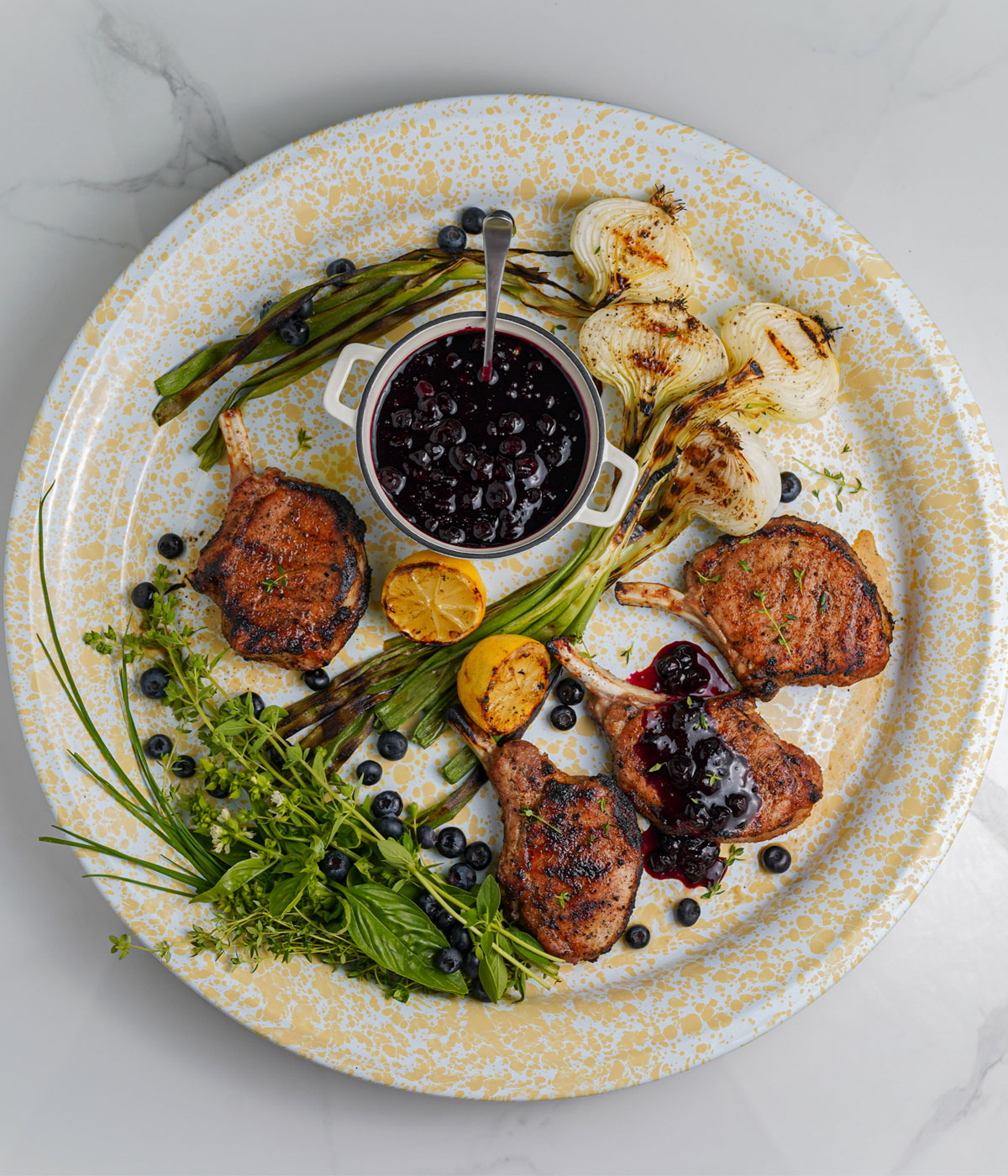 Grilled Kurobuta Pork Chops with Lemon-Blueberry Sauce