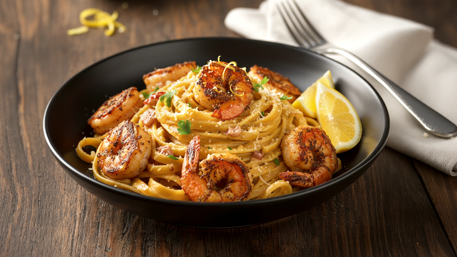 Pasta con camarones Blackened