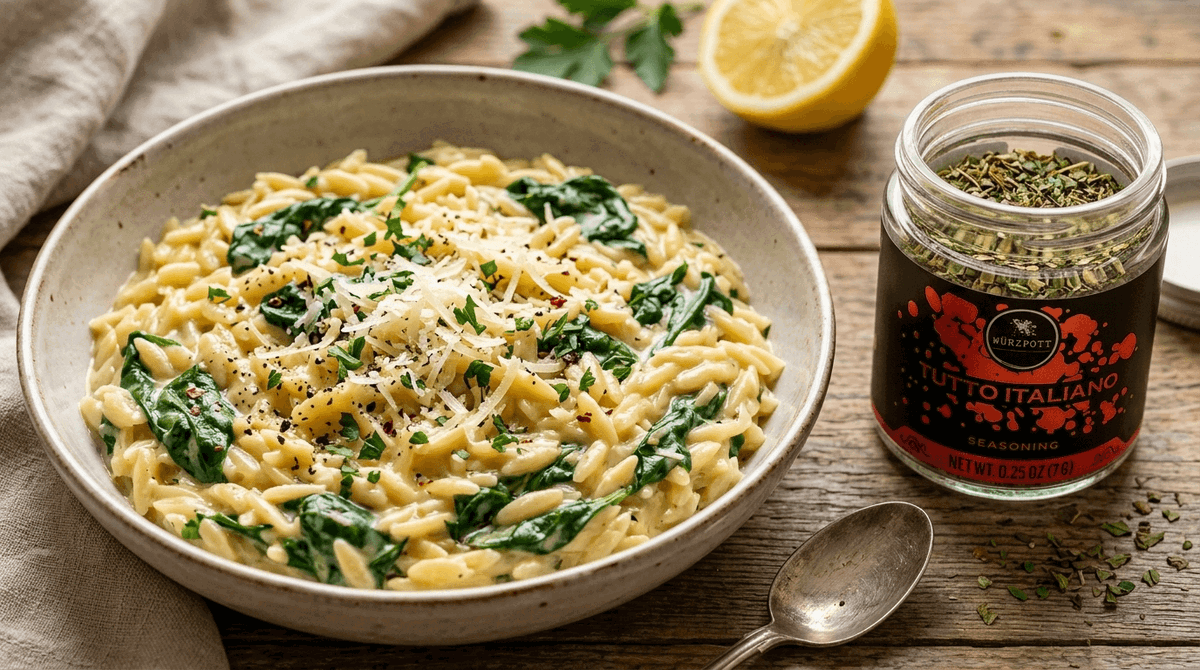 Creamy Tuscan Orzo with Spinach and Parmesan and Tutto Italiano