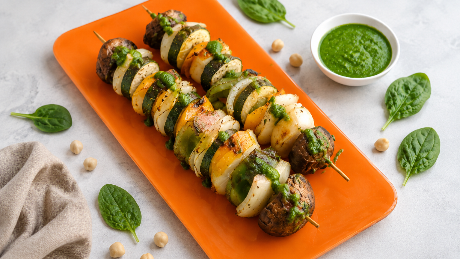 Image of Grilled Sea Scallop Skewers with Spinach Macadamia Pesto