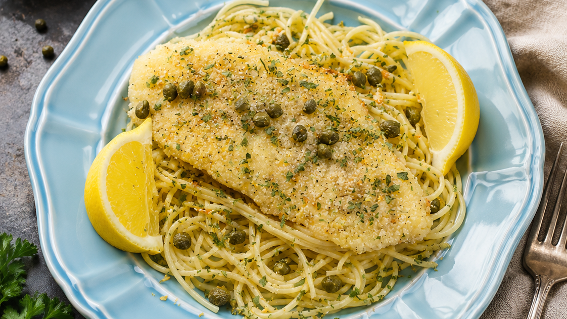 Image of Almond Crusted Cod Piccata & Spaghetti