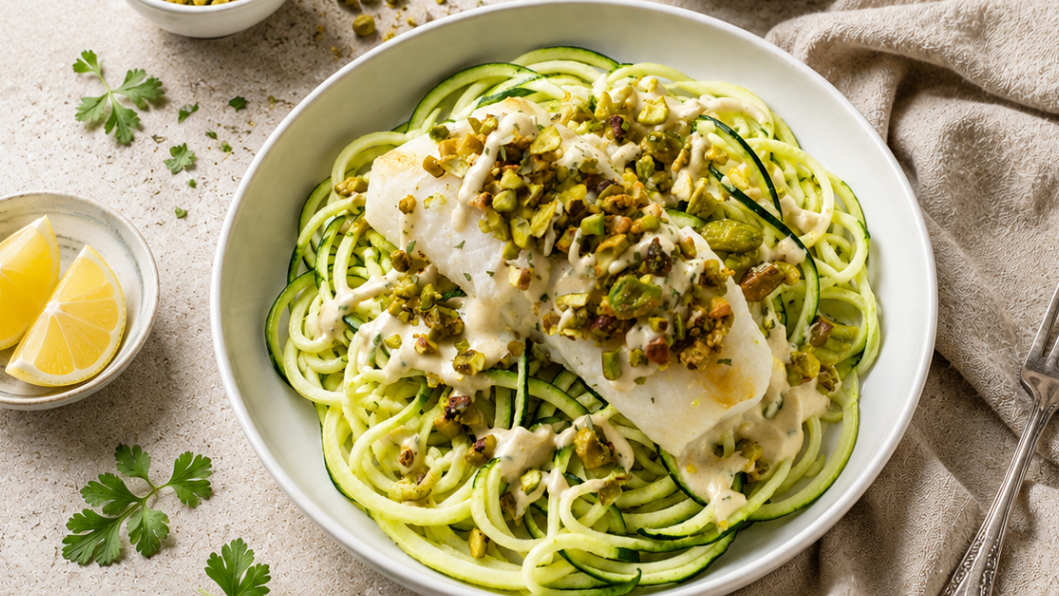 Image of Pistachio Baked Cod with Tahini Zucchini Noodles