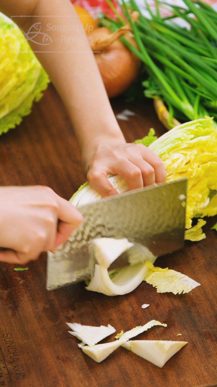 Image of Quarter the napa cabbage, remove the core, and chop into...