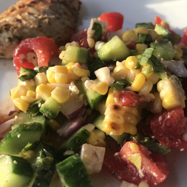 Image of Lemon Mint Chicken with Grilled Corn, Cucumber and Tomato Salad