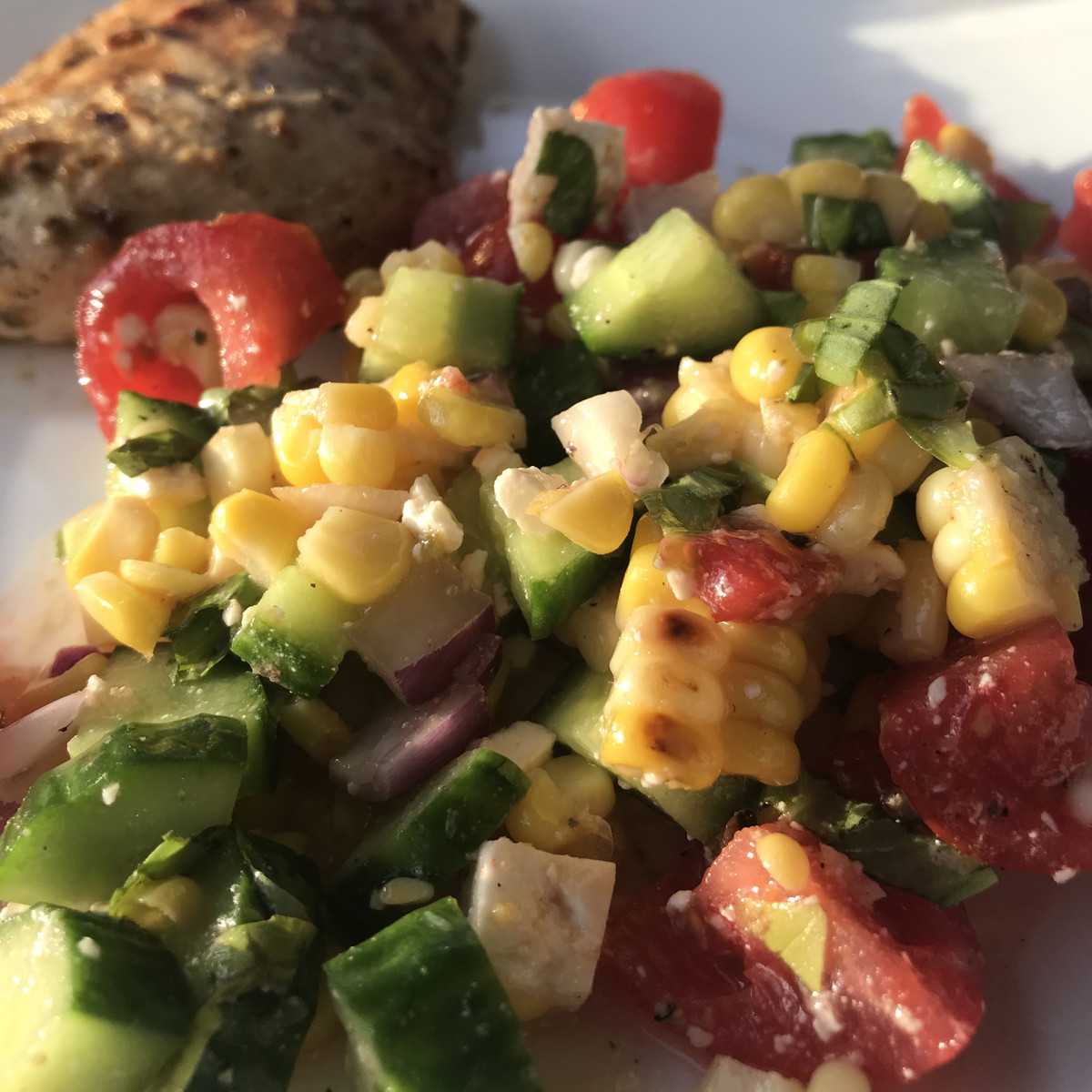 Lemon Mint Chicken with Grilled Corn, Cucumber and Tomato Salad