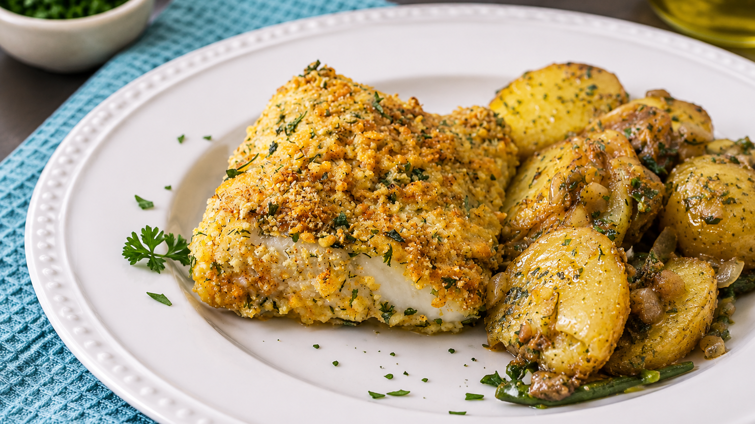 Image of Parmesan Crusted Cod with Avocado Bruschetta and Balsamic Reduction