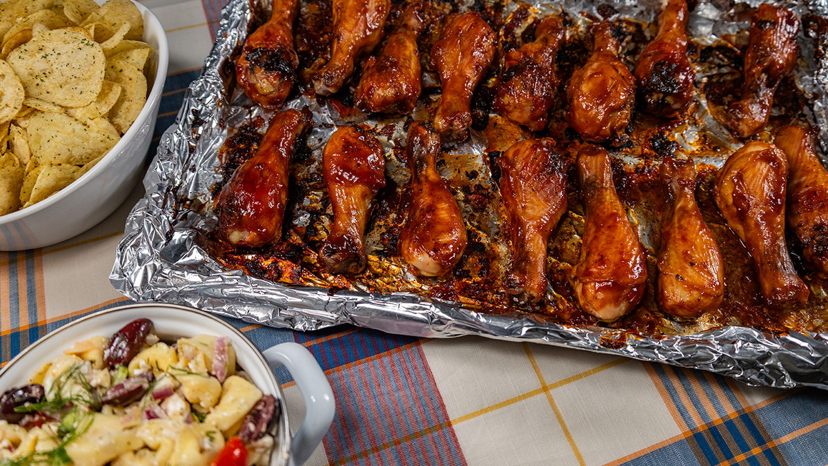Oven-Baked BBQ Chicken Drumsticks and Greek Pasta Salad