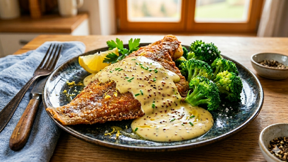 Image of Pfannen-Scholle mit cremig-würziger Hollandaise & Brokkoli