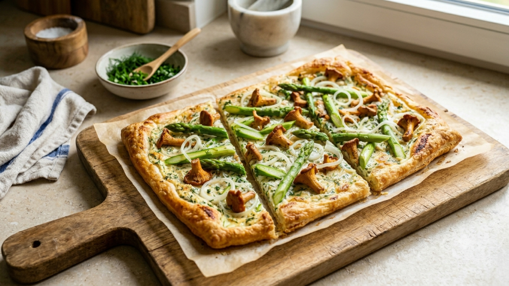 Image of Knuspriger Flammkuchen mit Spargel & Pfifferlingen 