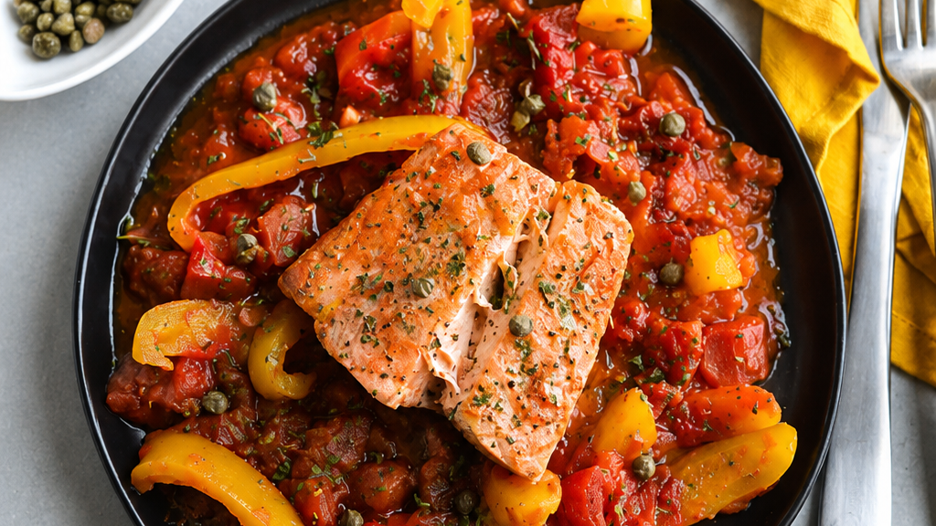 Image of Whole30 Skillet Halibut with Peppers and Tomatoes