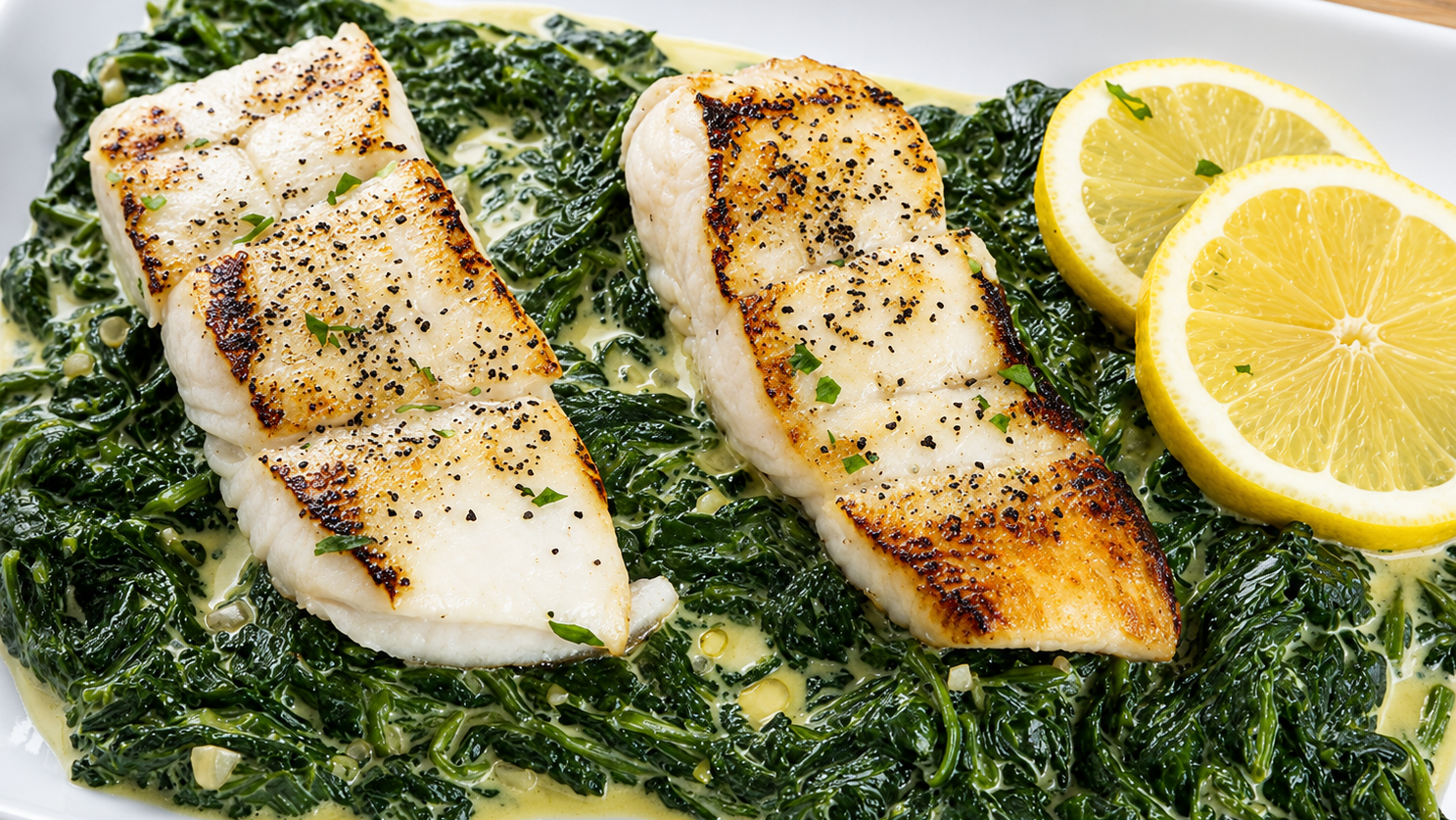 Image of Pan Seared Halibut Over Creamed Spinach