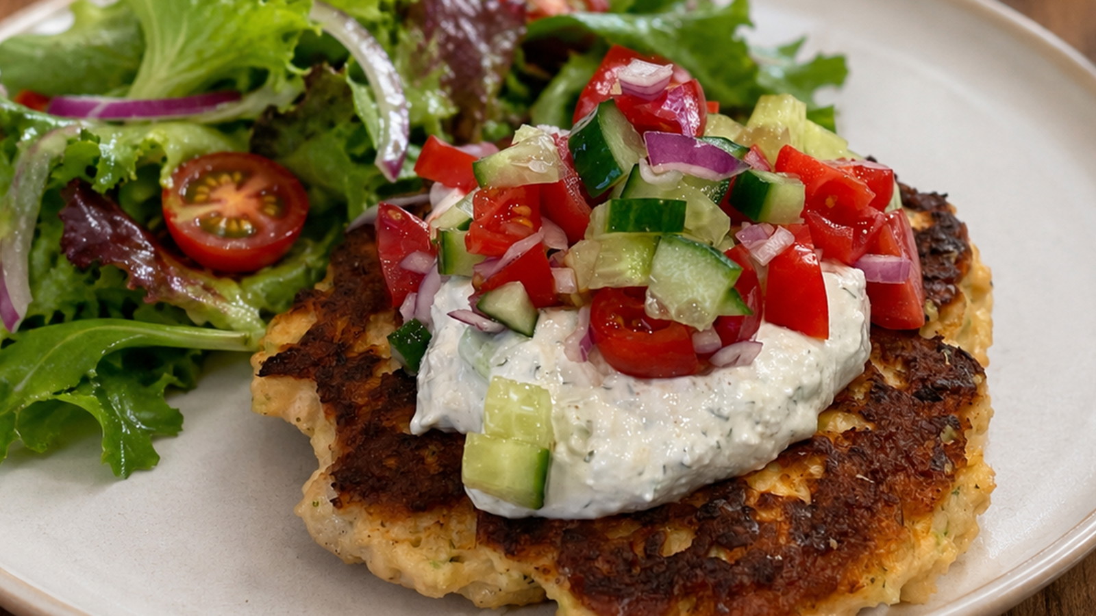 Image of Culinary Genie Salmon Burgers with Garlicky Feta Sauce recipe.