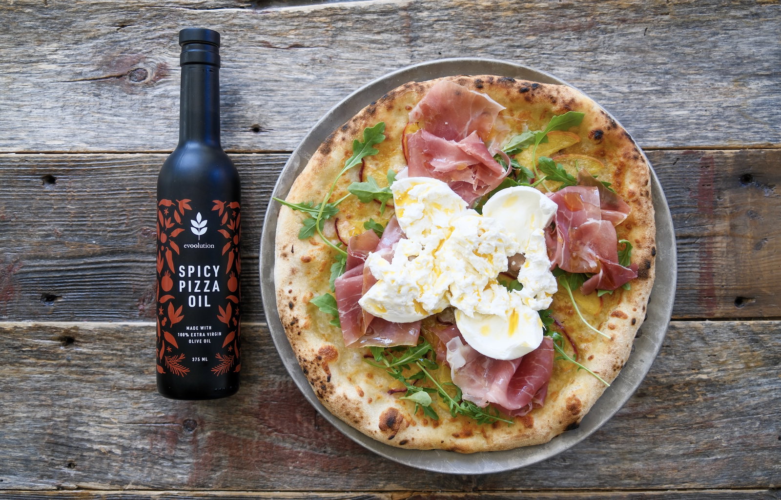 Peach, Prosciutto, and Burrata Pizza with Spicy Pizza Oil – Evoolution