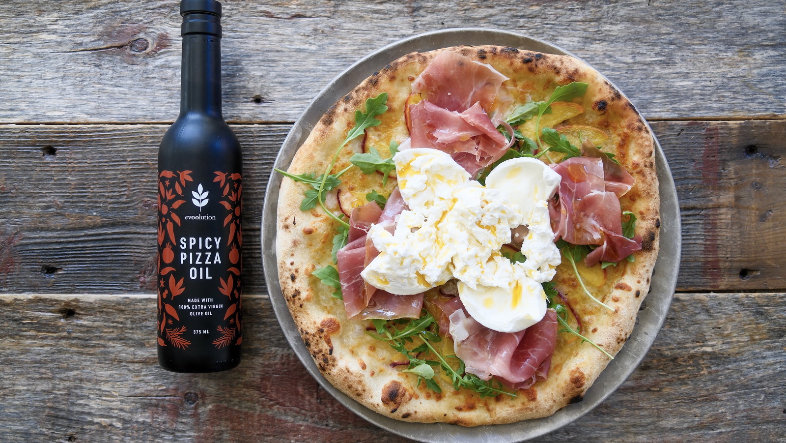 Image of Peach, Prosciutto, and Burrata Pizza with Spicy Pizza Oil