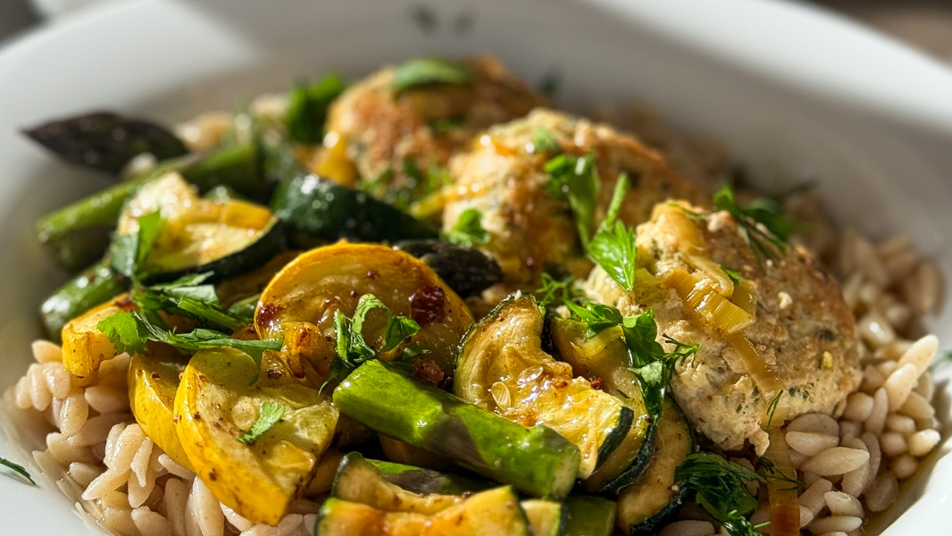 Image of Chicken Meatballs in Lemon Herb Sauce with Summer Vegetables