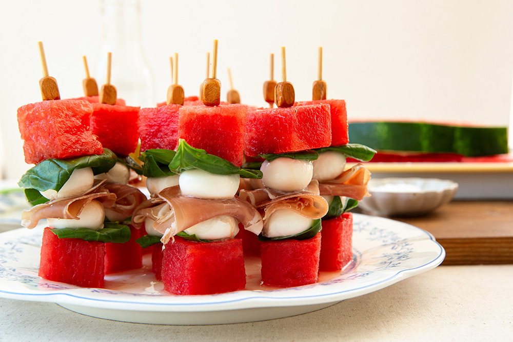 Watermelon Caprese Skewers with Prosciutto