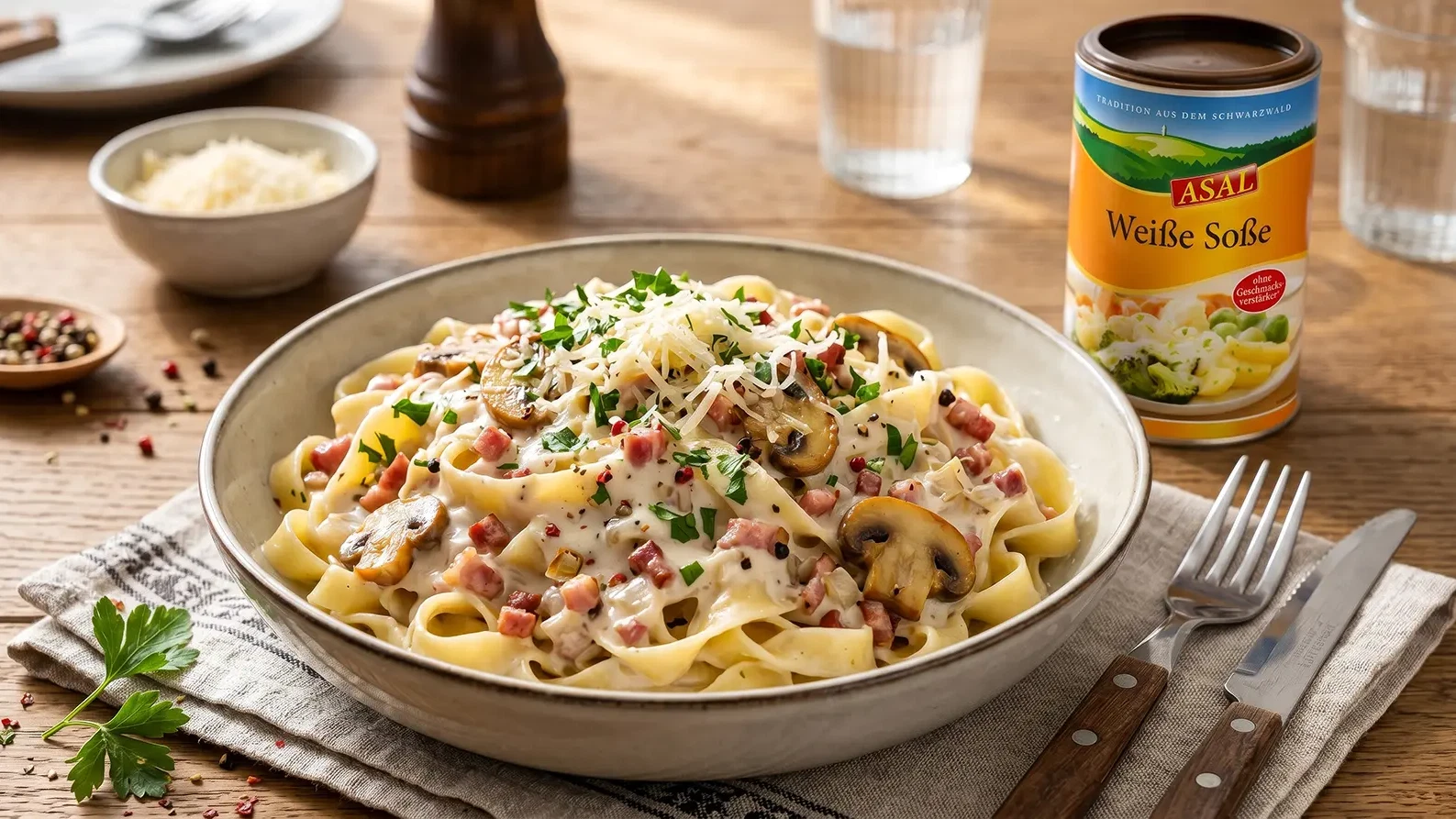 Image of Herzhafter Pasta-Genuss: Bandnudeln in cremiger Speck-Sauce