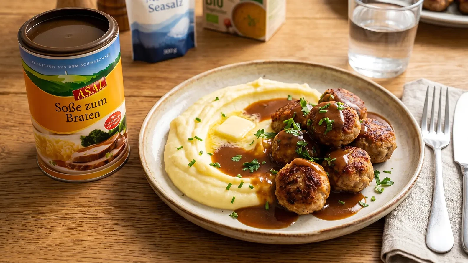 Image of Herzhaft & Deftig: Hackbällchen mit Bratensauce und Kartoffelpüree