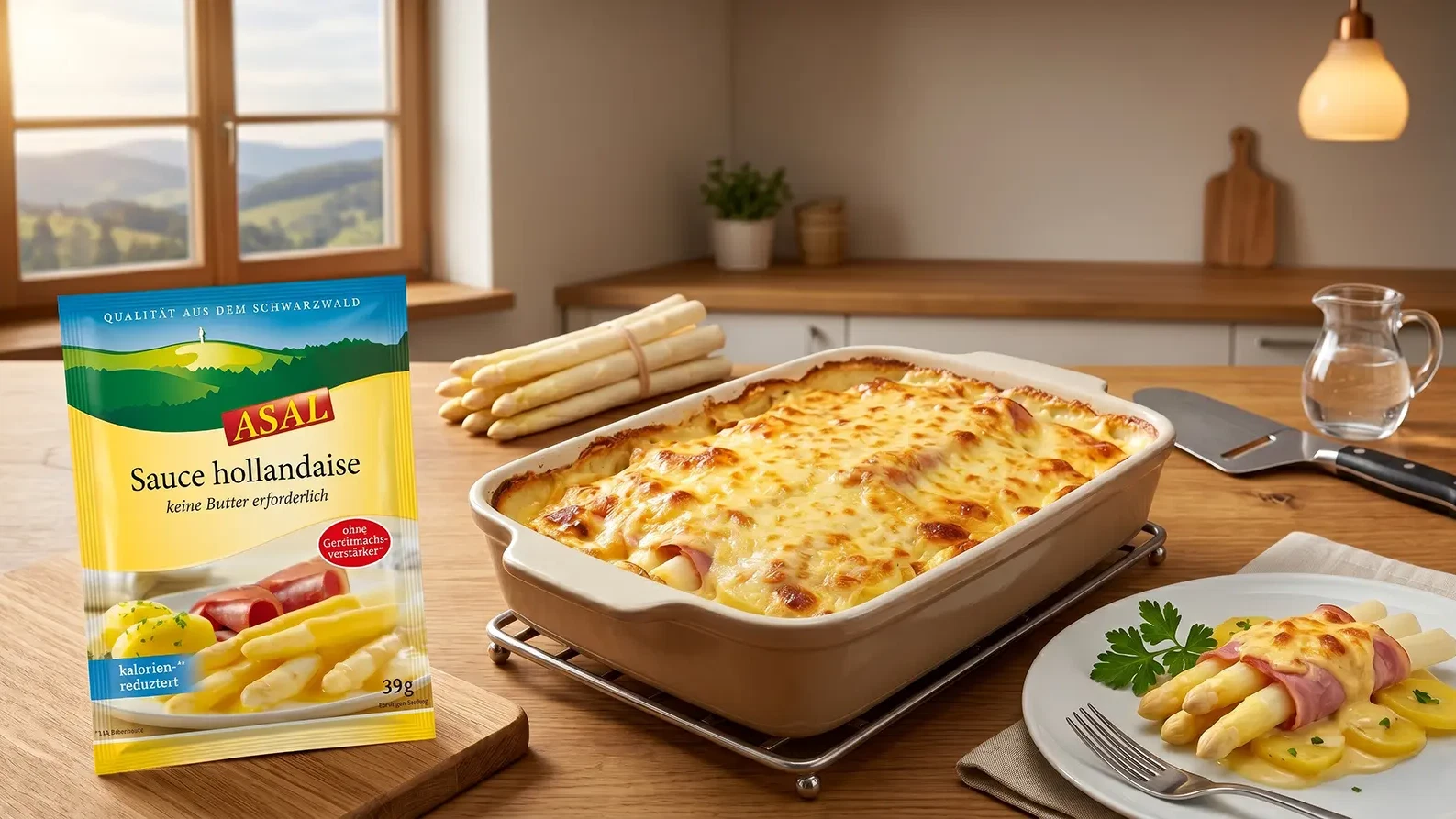 Image of Herzhaftes Spargelgratin mit Schinken und Sauce Hollandaise