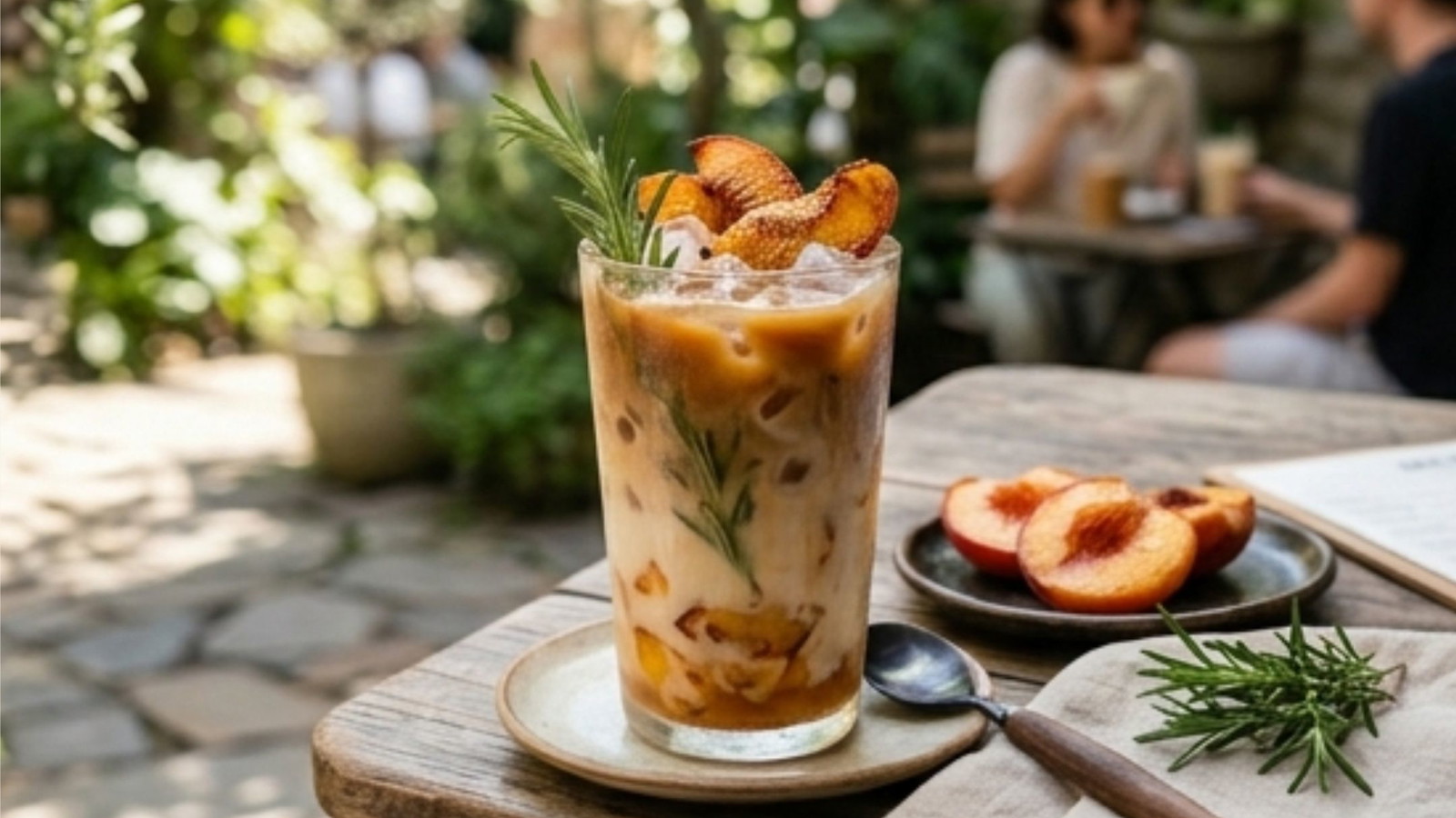 Image of Wabi Coffee Recipes: Roasted Peach & Rosemary Iced Latte