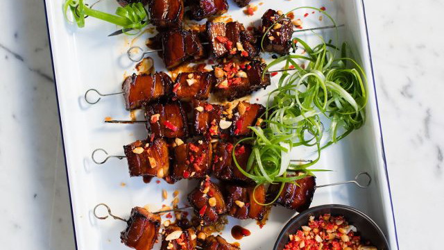 Image of Sticky Pork Belly Skewers with Peanuts and Chilli